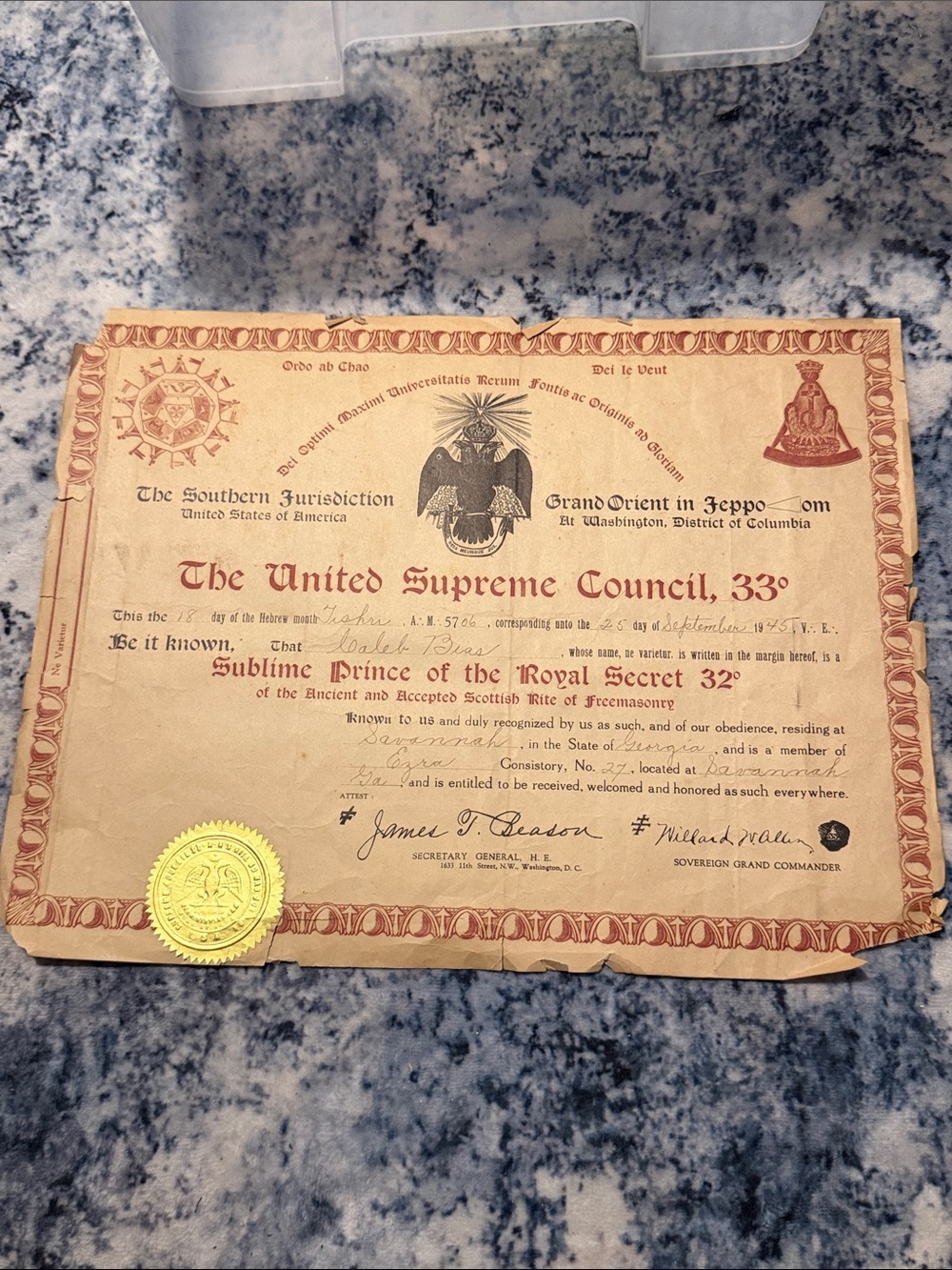 Vintage 1945‎ Scottish Rite Freemasonry Certificate Masonic Memorabilia